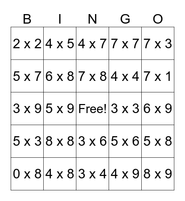 Multiplication Bingo Card
