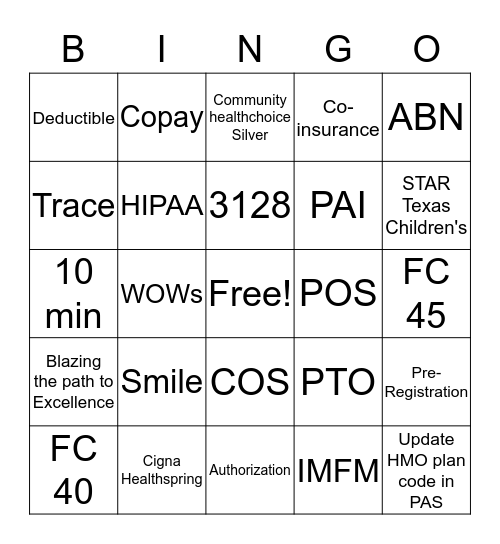 Patient Access Bingo Card