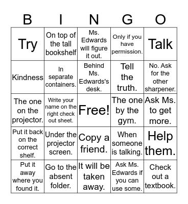 Classroom Bingo Card