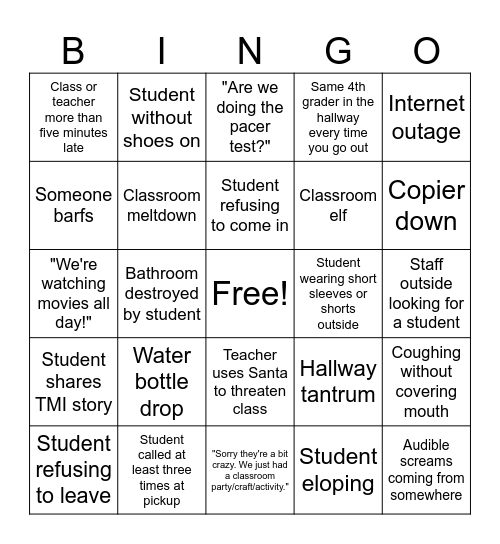 Week Before Break Bingo Card