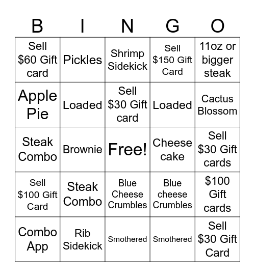 TEXAS ROADHOUSE GIFT CARD Bingo Card