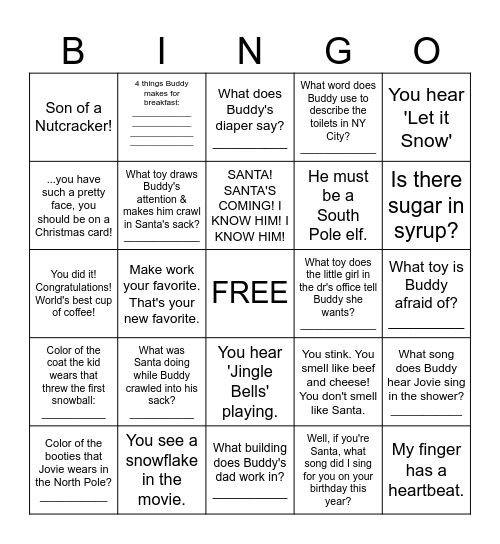 ELF MOVIE Bingo Card