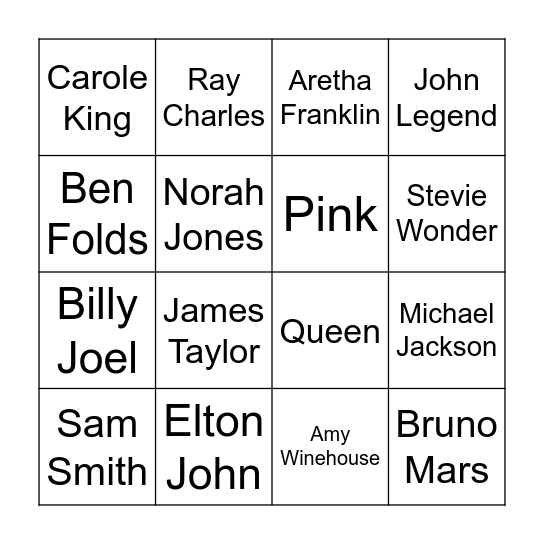 Piano Artist Bingo Card