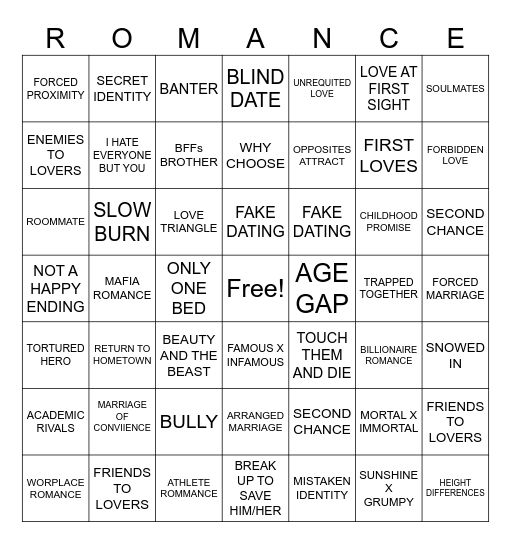 ROMANCE Bingo Card