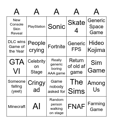 AAAAA Bingo Card