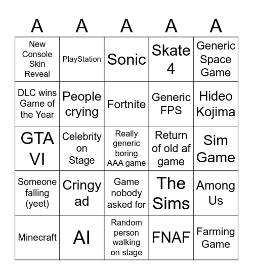 AAAAA Bingo Card