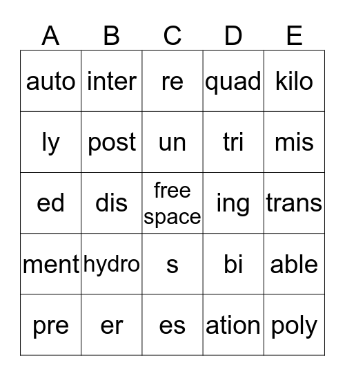 Prefix and Suffix Bingo Card