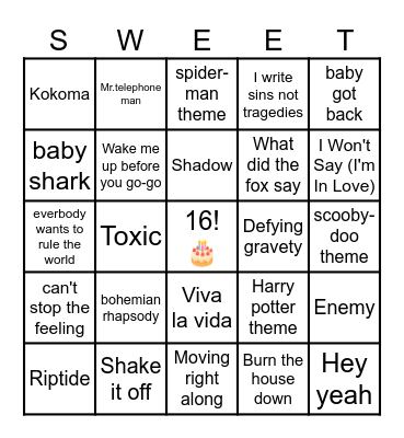 Sweet 16 party songs Bingo Card