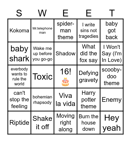 Sweet 16 party songs Bingo Card