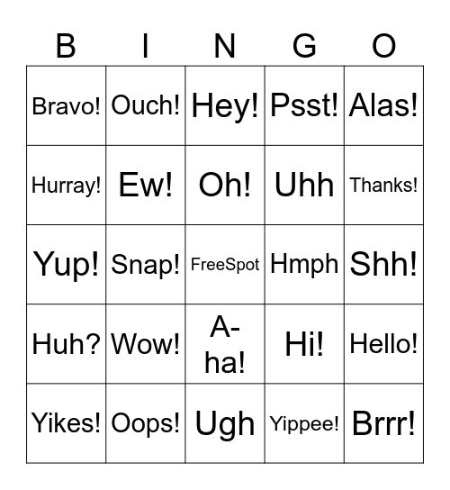 Interjections Bingo Card