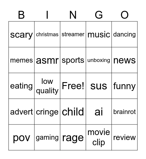 Yt shorts bingo Card