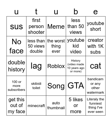 Youtube Bingo Card