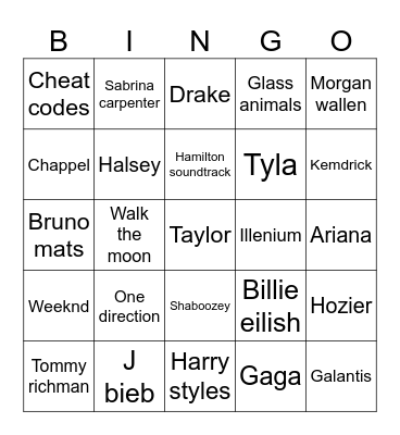 Jacob top artists Bingo Card