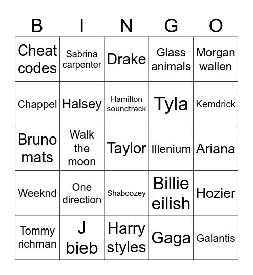 Jacob top artists Bingo Card