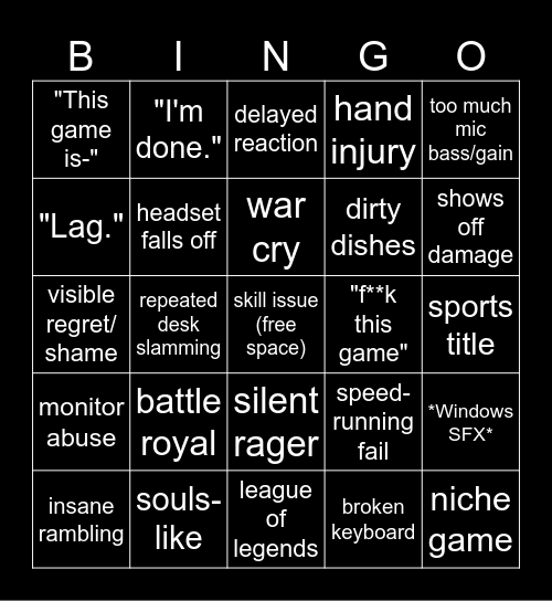 Gamer Rage Bingo Card