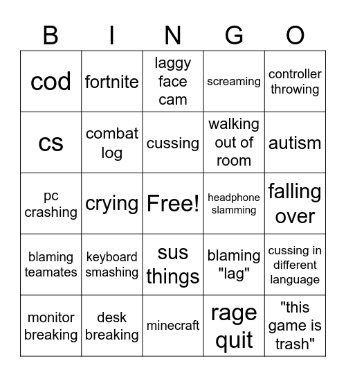 gamer rage Bingo Card