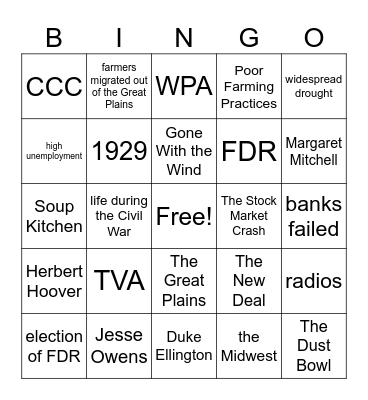 The Great Depression & The New Deal Bingo Card