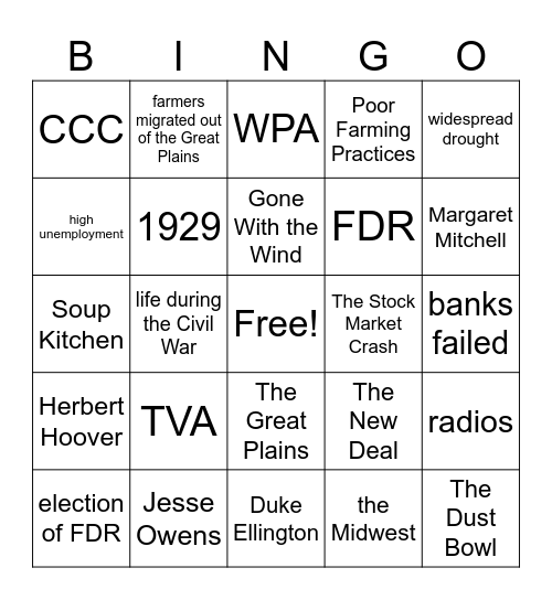 The Great Depression & The New Deal Bingo Card