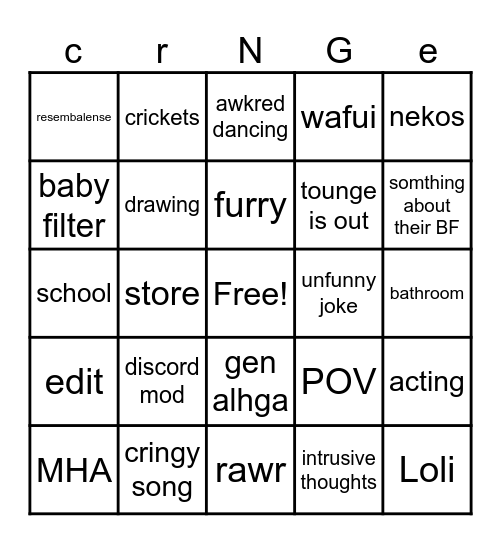 cringe Bingo Card