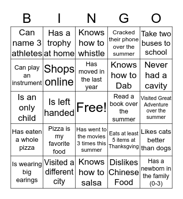 Nelson's Class People Bingo Card