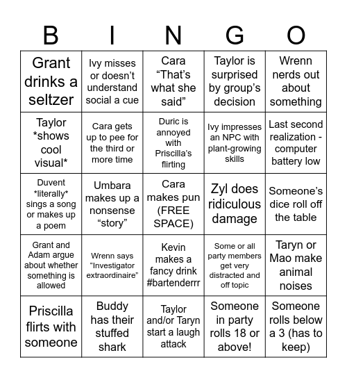 D & D (Taylor’s Campaign) Bingo Card