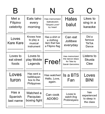 Ultimate Filipino Human Bingo Card