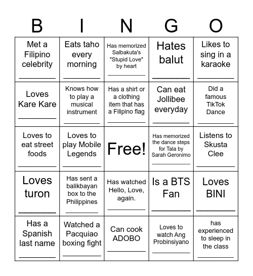 Ultimate Filipino Human Bingo Card