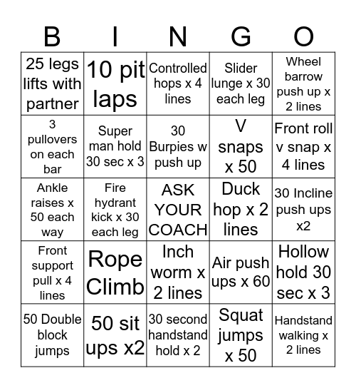 Conditioning Bingo Card