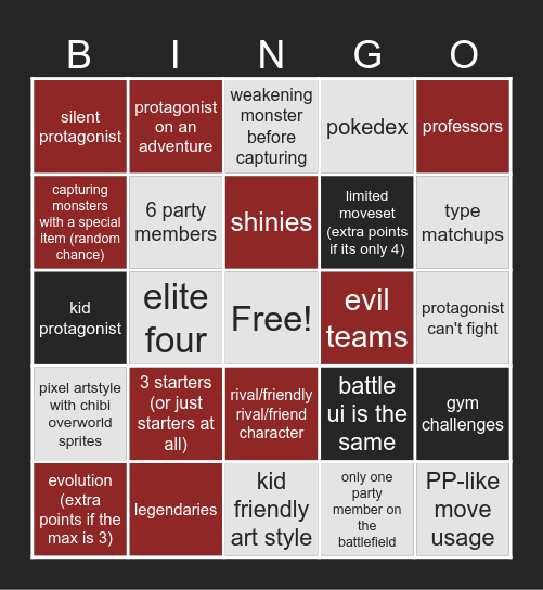 Monster Tamer Bingo Card