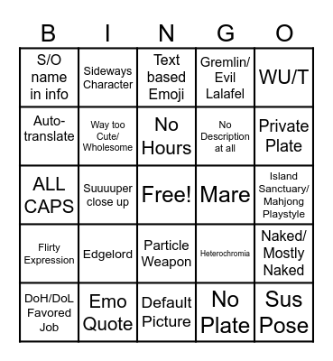 FFXIV Adventurer Plates Bingo Card