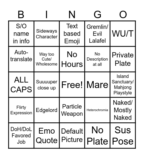 FFXIV Adventurer Plates Bingo Card