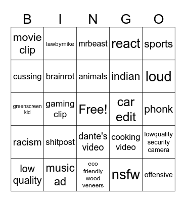 YT Shorts Bingo Card