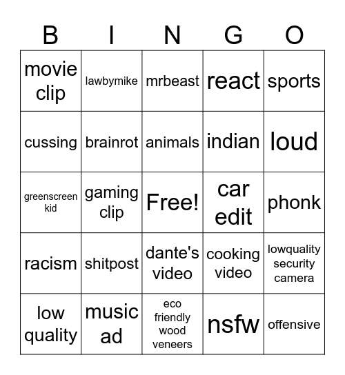 YT Shorts Bingo Card