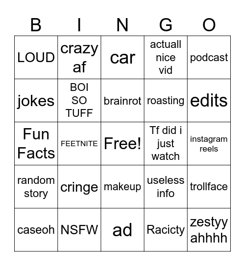 yt shorts bingo Card