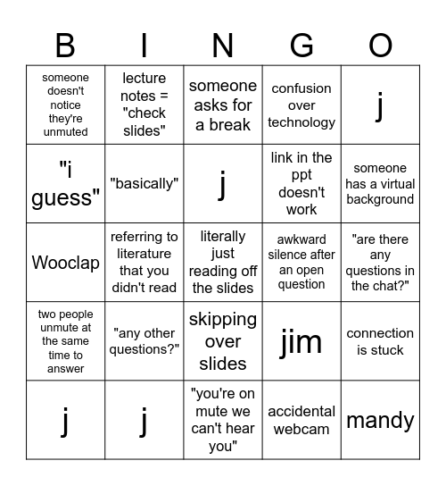 Online Lecture Bingo Card