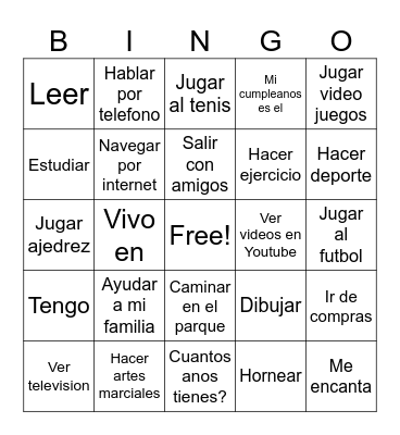 Activities and Verbs Bingo Card