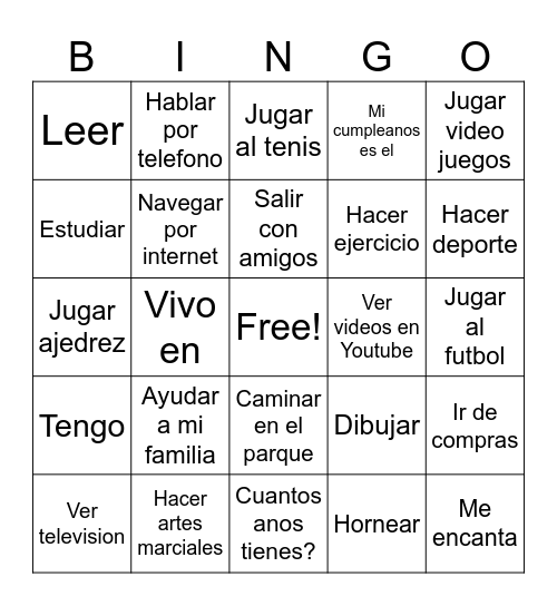 Activities and Verbs Bingo Card