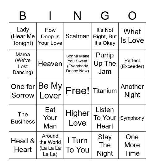 Dance Club Hits Bingo Card