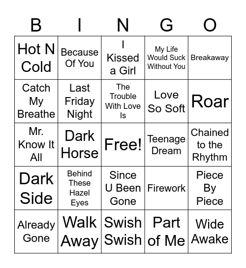 Kelly Clarkson VS Katy Perry Bingo Card