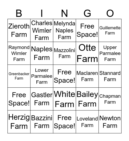 Durham Farm History Bingo Card