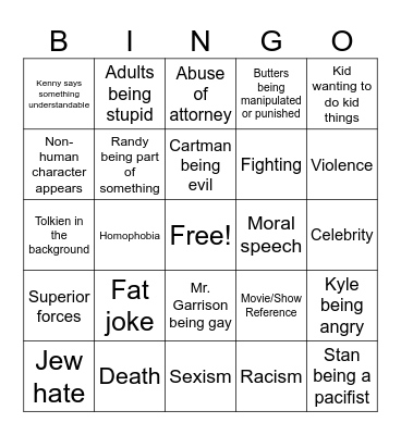 South Park Bingo Card