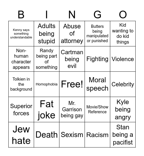 South Park Bingo Card