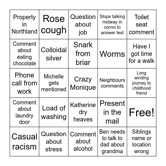 Hope Household Bingo Card