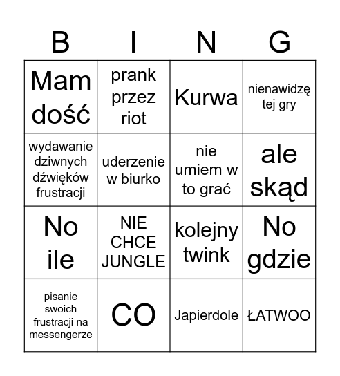 Liga legend wersja Julka Bingo Card