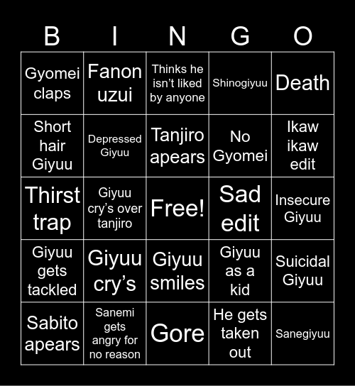 Hashira react to Giyuu bingo Card