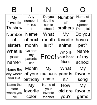 Speech/Language Therapy Bingo Card