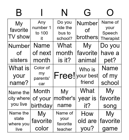 Speech/Language Therapy Bingo Card