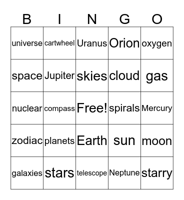 Bingo #5 - Space / Universe Bingo Card