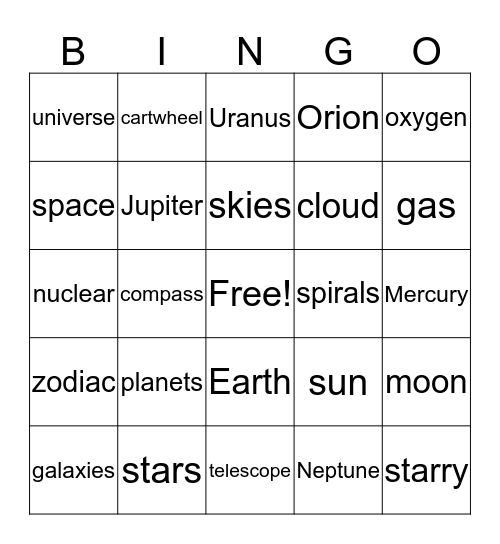 Bingo #5 - Space / Universe Bingo Card