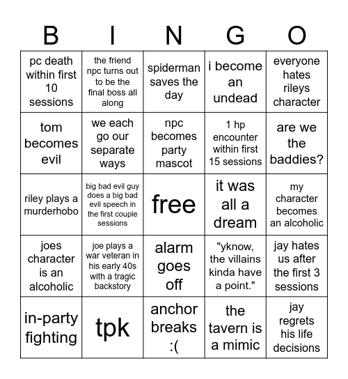 dnd bingo Card